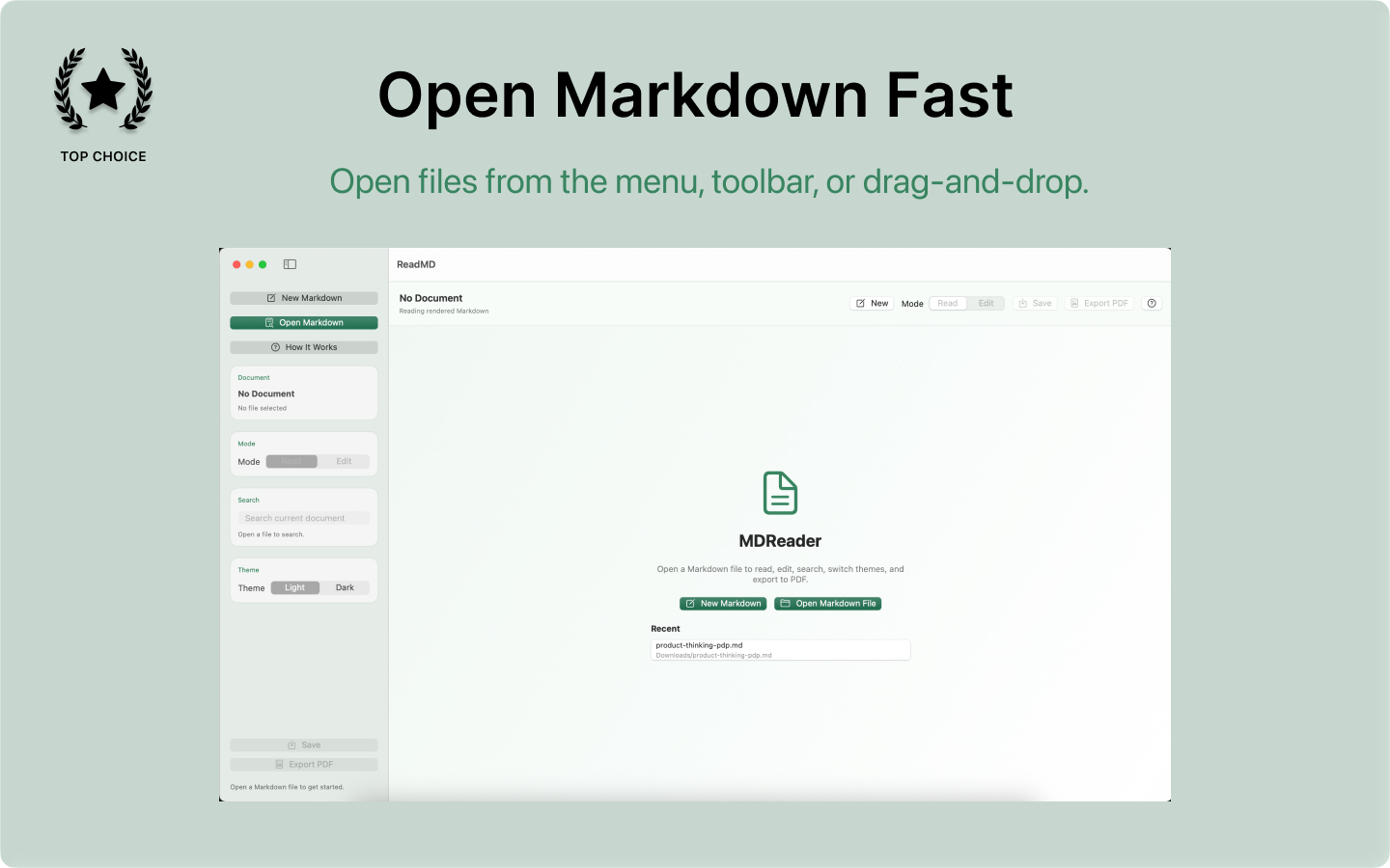 MDReader read mode showing rendered Markdown document